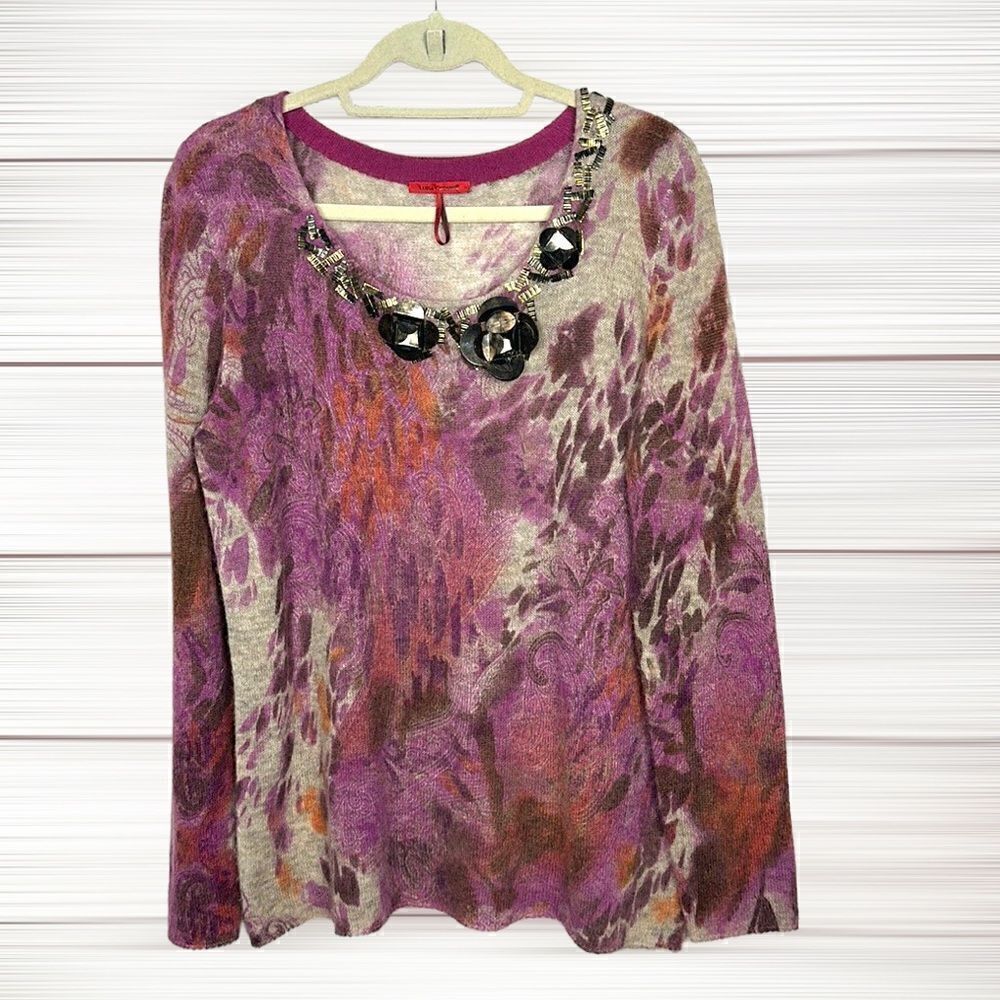 Luisa Cerano Embellished Floral Tan Purple Scoop Neck Sweater Alpaca Blend US 14